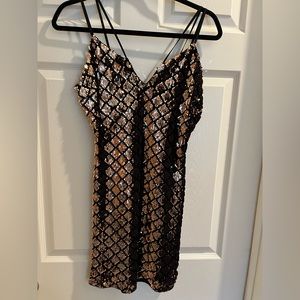 Black velvet and gold sequin cocktail dress